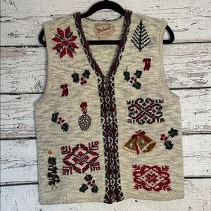 Woolrich Christmas wool Cream Knit Vest with Red and Green embroidered Accents